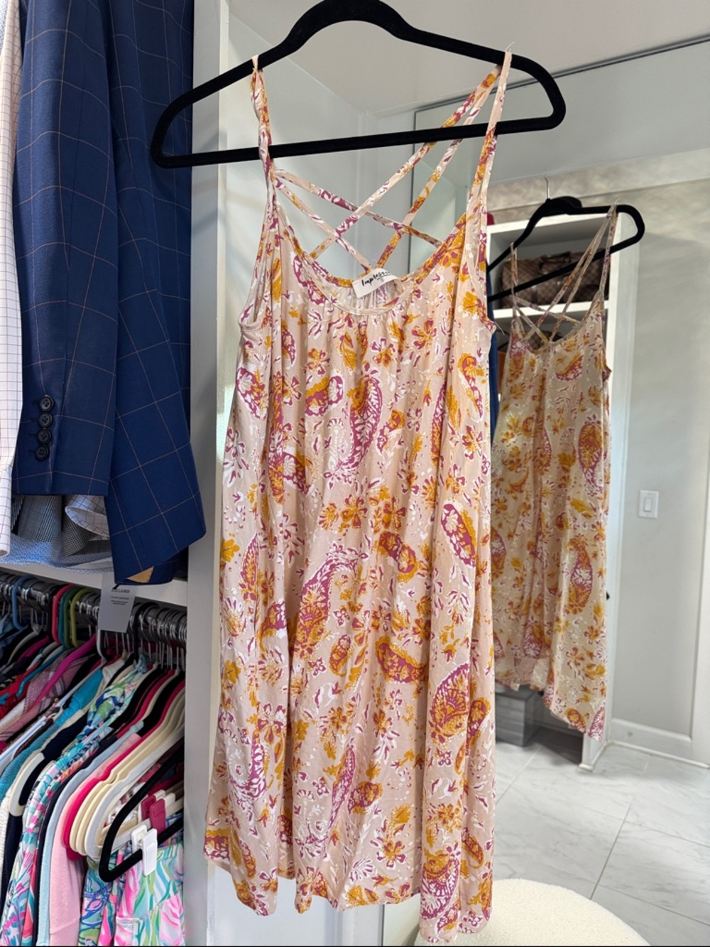 Impressions Pink Paisley Floral Slip Dress with Yellow Accents